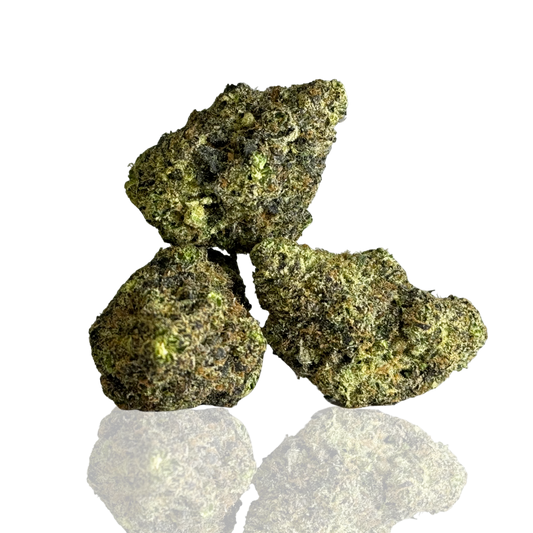 Four green and dark cannabis buds, showcasing their varied textures.