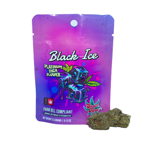 A vibrant package of Black Ice Platinum THCA flower with colorful ice cube graphics, next to a small pile of cannabis buds.