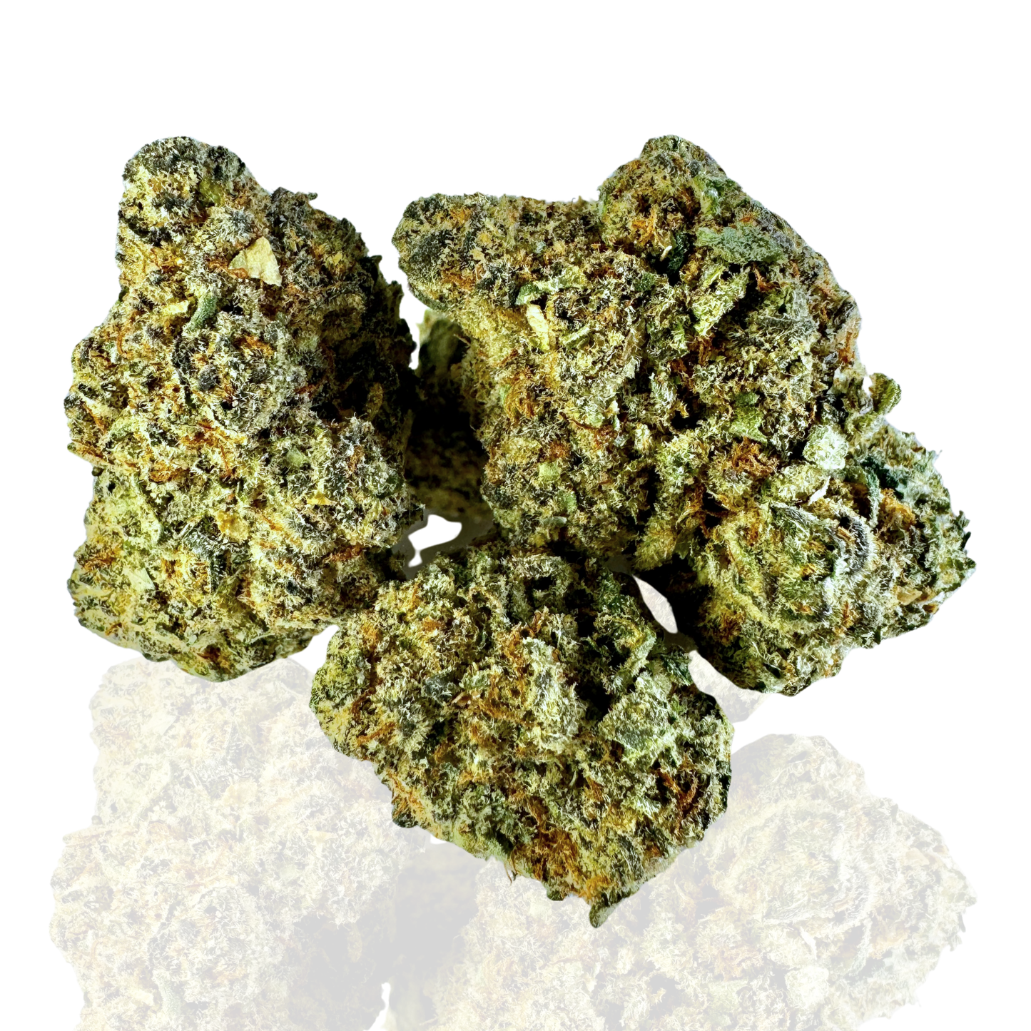 Close-up of several dense, green and orange cannabis buds