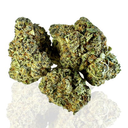 Close-up of several dense, green and orange cannabis buds