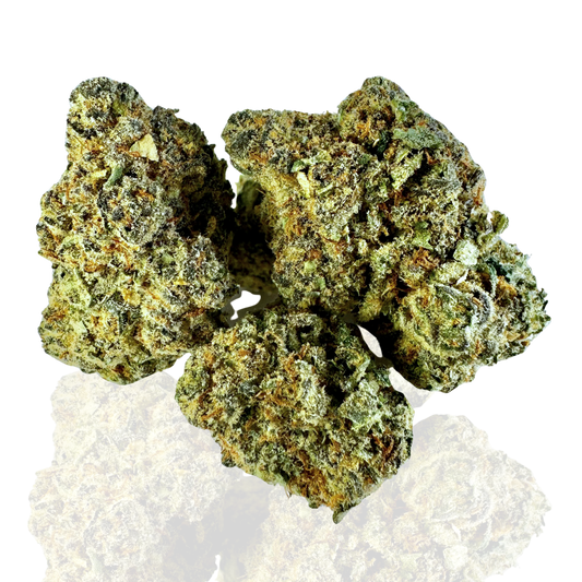 Close-up of several dense, green and orange cannabis buds