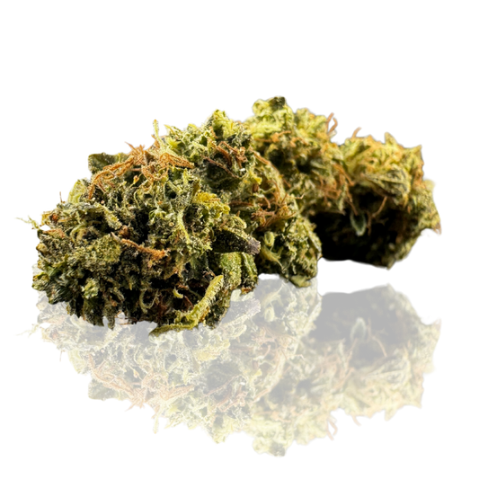 A cannabis bud, showcasing its dense green structure and vibrant orange hairs.