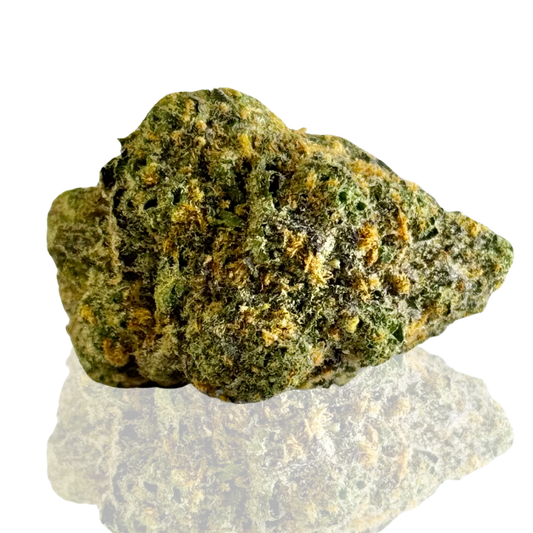 Close-up of a dense cannabis bud covered in trichomes, showcasing vibrant green hues