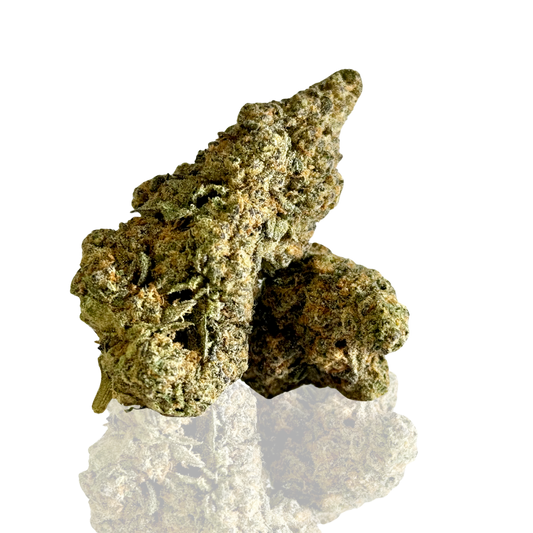 Close-up of a dense, green cannabis bud, showcasing its texture and trichomes