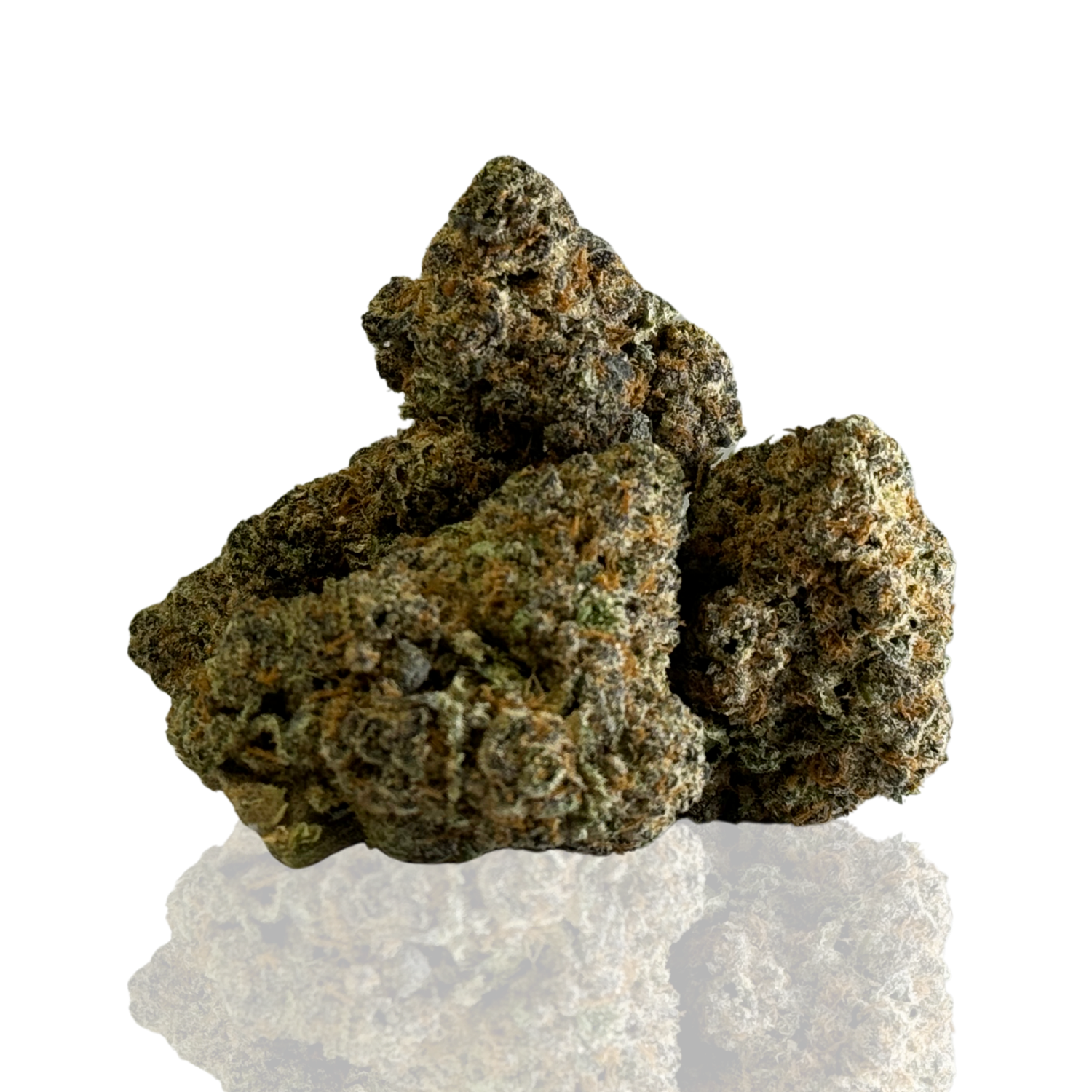 Dense cannabis buds with a mix of green and orange hues, showcasing trichomes.