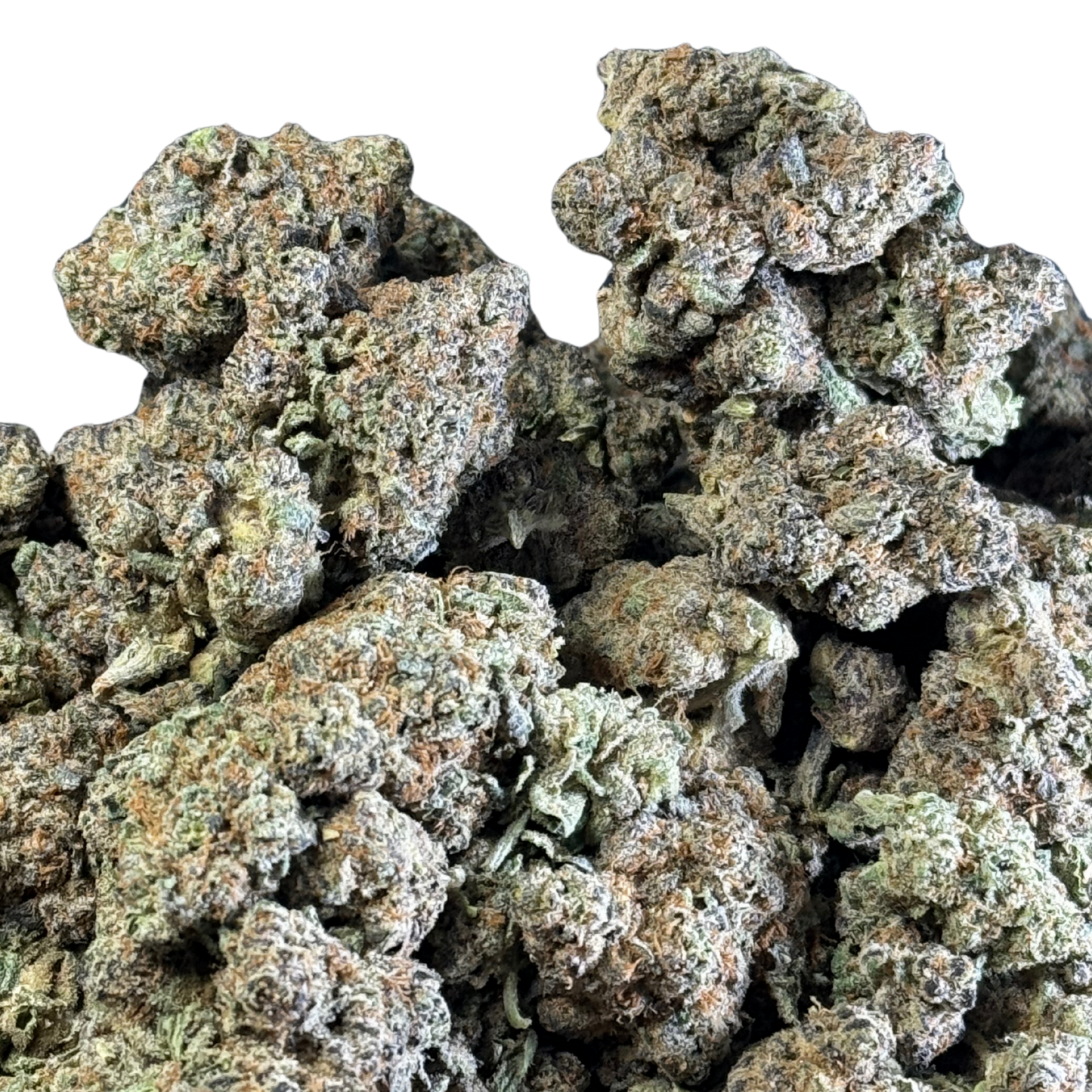 Close-up of dense cannabis buds, showcasing earthy tones, trichomes, and orange pistils.