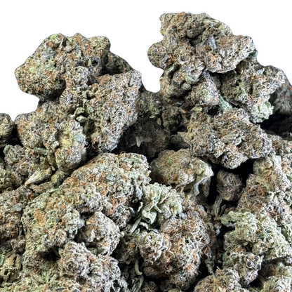 Close-up of dense cannabis buds, showcasing earthy tones, trichomes, and orange pistils.