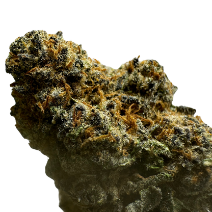 Close-up of a dense cannabis bud with a mix of green and orange hues