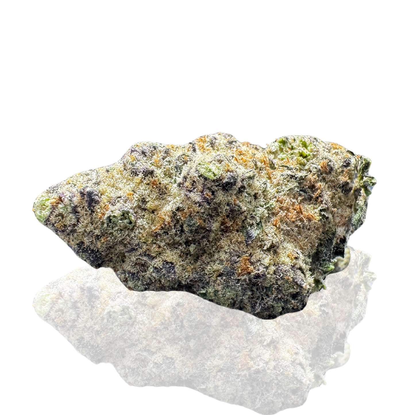 Two dense cannabis buds covered in glistening trichomes and hints of purple and orange hues.