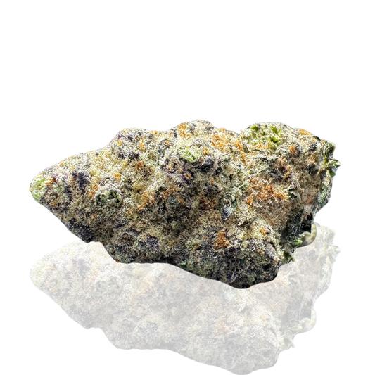 Two dense cannabis buds covered in glistening trichomes and hints of purple and orange hues.