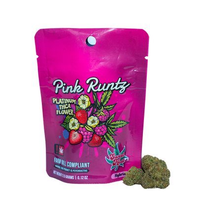 A bright pink bag labeled "Pink Runtz" with floral designs, containing THCA flower.