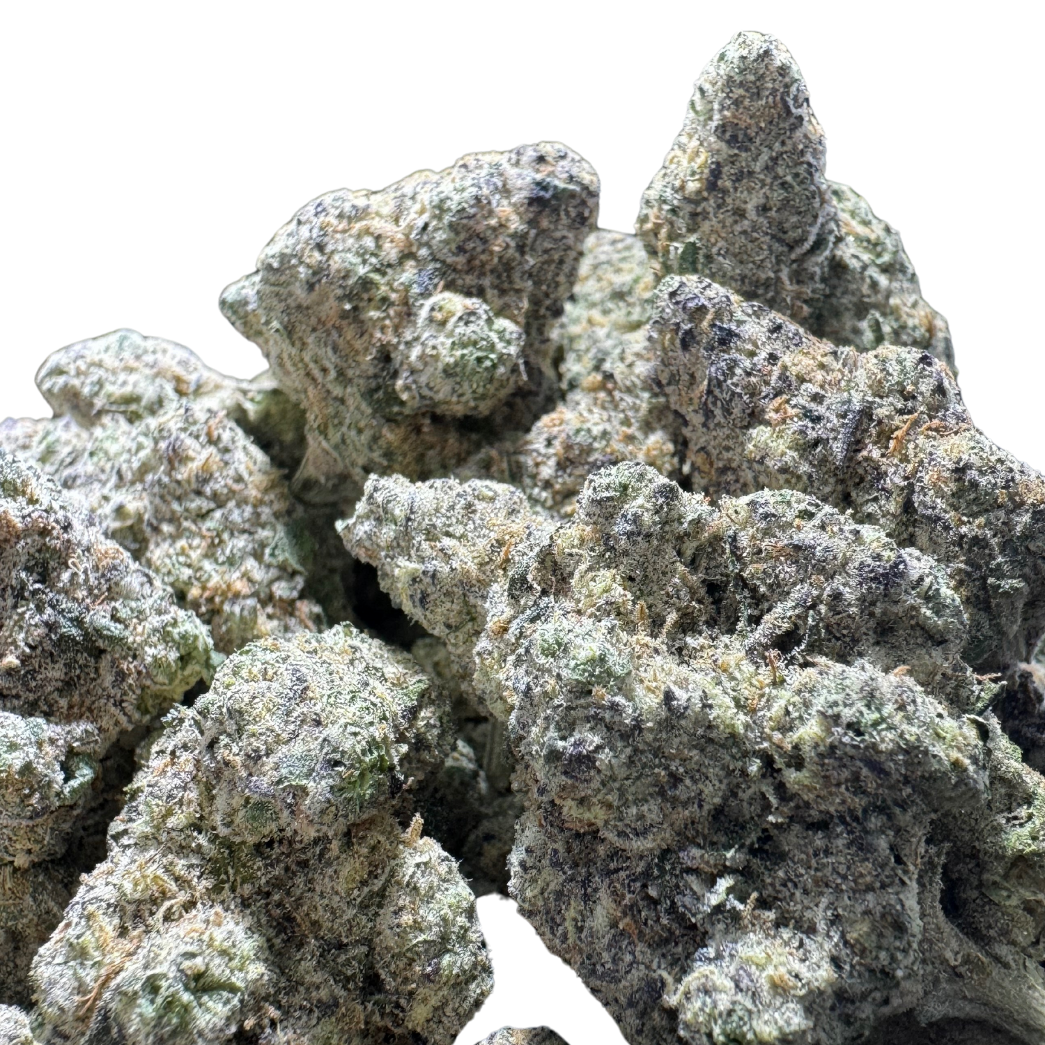 Dense cannabis buds covered in frosty trichomes, showcasing vibrant greens.