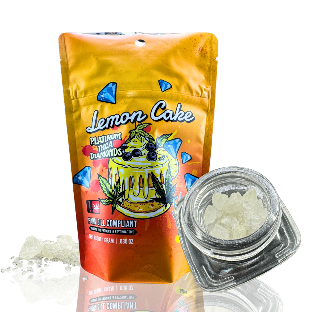 A packaging of "Lemon Cake" THCA diamonds beside a glass jar filled with crystalline substance