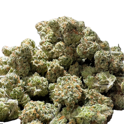 Close-up of a cluster of cannabis buds, featuring dense green leaves and a dusting of trichomes.