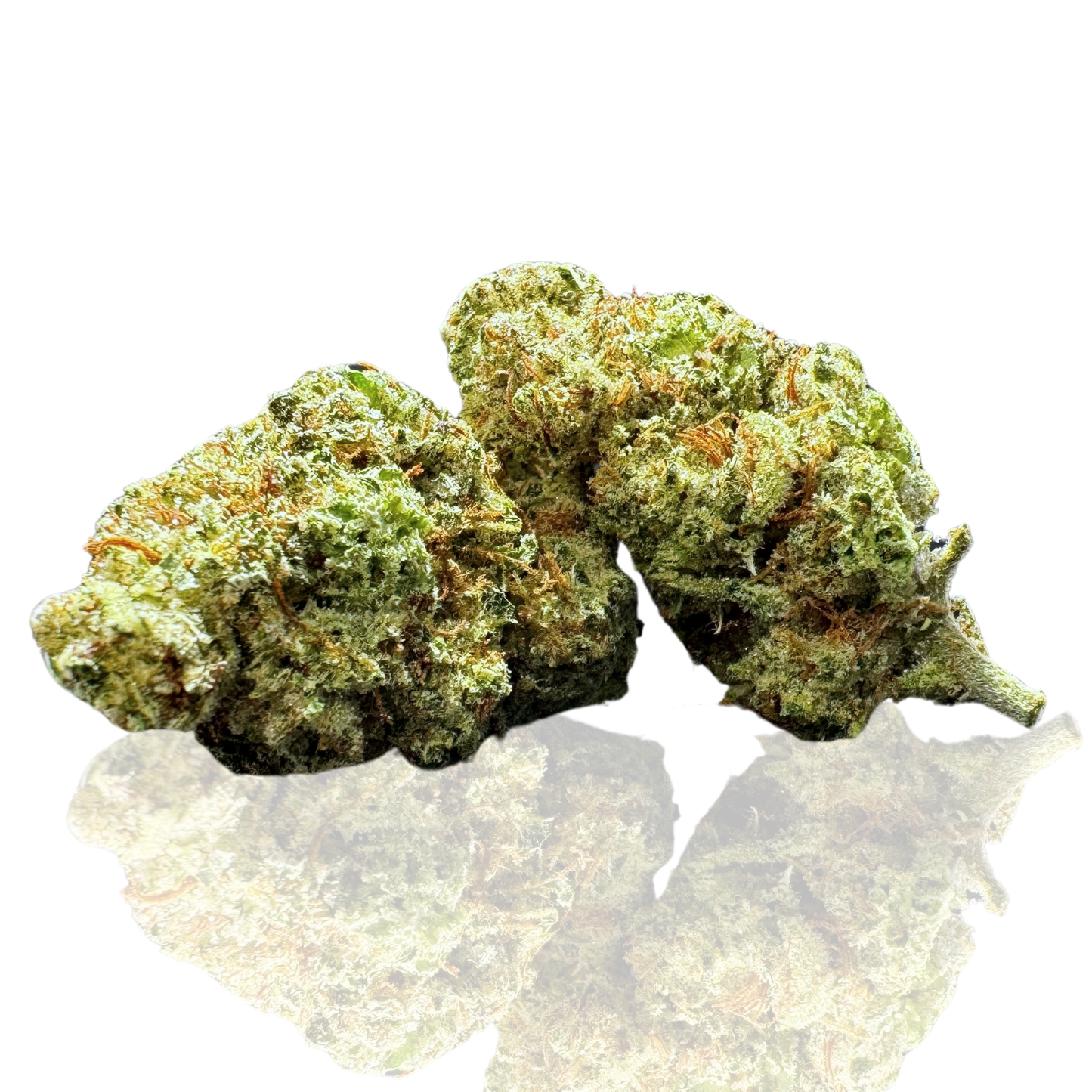 Close-up of two dense, frosty cannabis buds showcasing vibrant green hues.