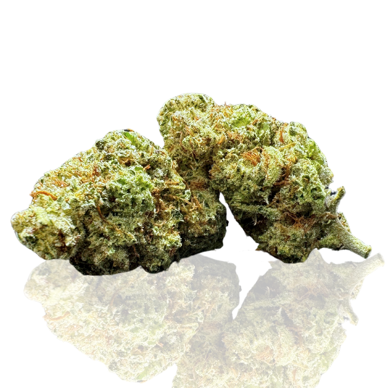 Close-up of two dense, frosty cannabis buds showcasing vibrant green hues.