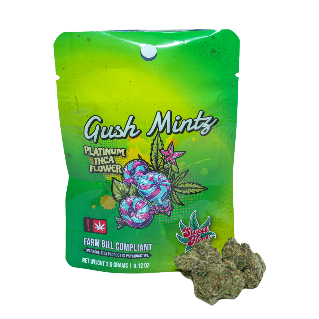 Bright green packaging labeled "Gush Mintz" with a colorful design, featuring THCA flower