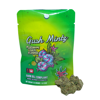 Bright green packaging labeled "Gush Mintz" with a colorful design, featuring THCA flower