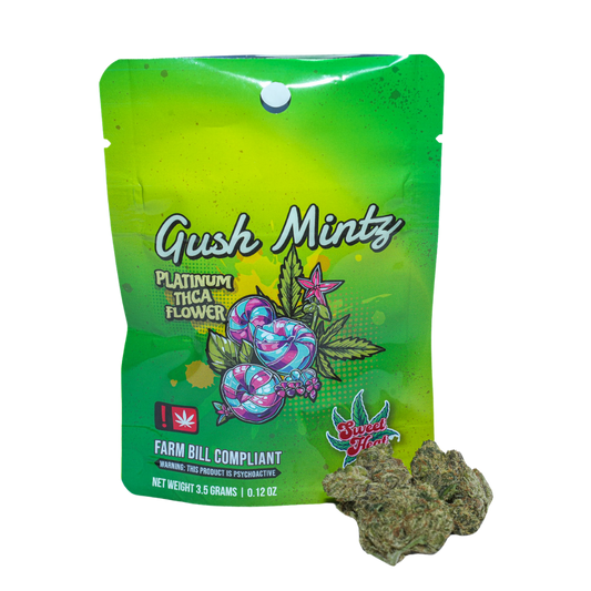 Bright green packaging labeled "Gush Mintz" with a colorful design, featuring THCA flower