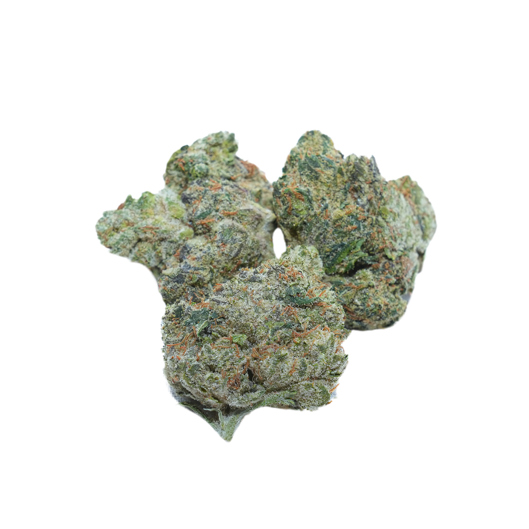 Three dense cannabis buds, showcasing a mix of green hues and orange pistils.