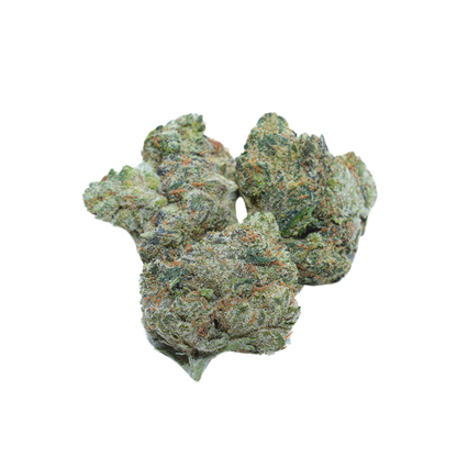 Three dense cannabis buds, showcasing a mix of green hues and orange pistils.