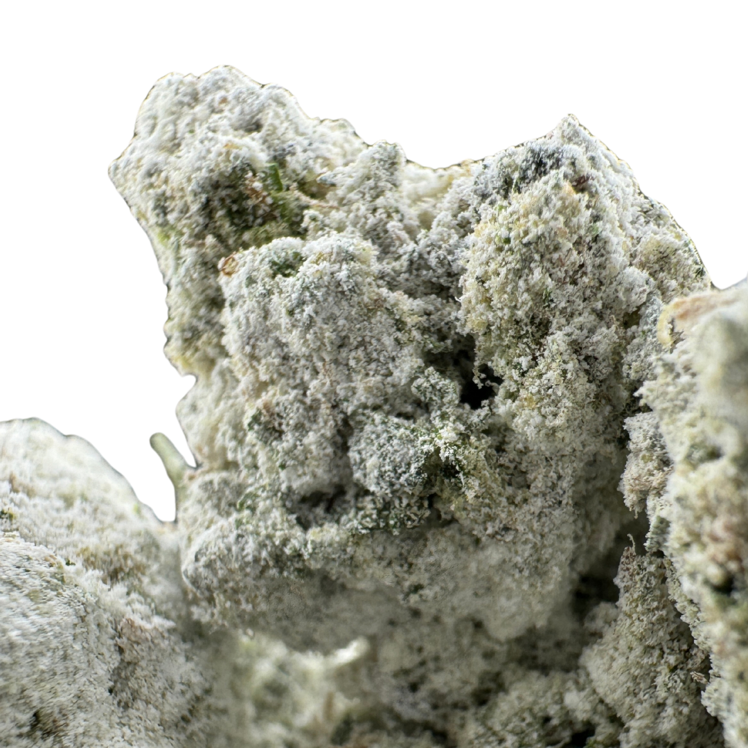 A frosty cannabis bud with a dense, textured surface.